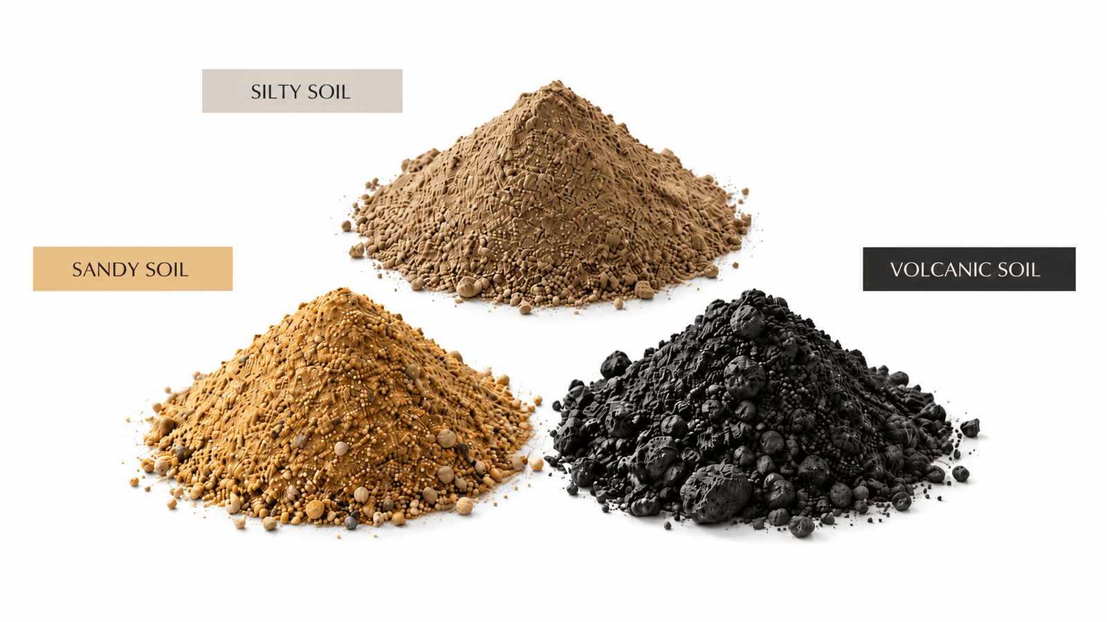 The three soil types: silty, sandy and volcanic
