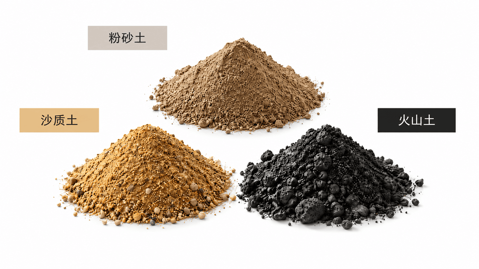 三种土壤类型：粉质土、砂质土和火山土